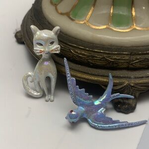 Vintage Iridescent Cat and Bird Figurines Brooches - Pair
